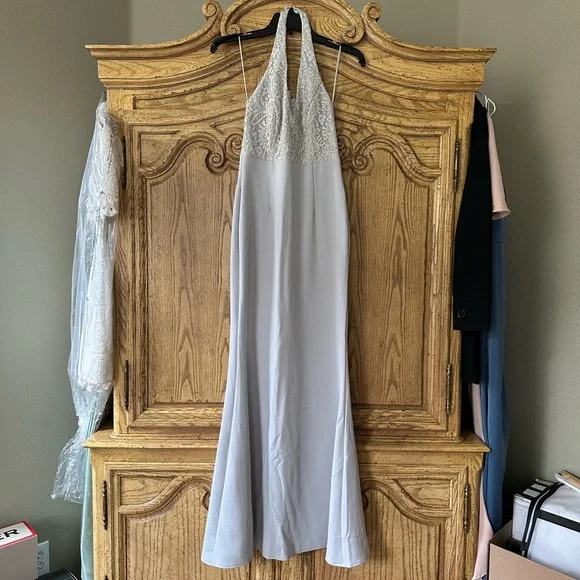 LULUS Blue Grey Lace Jersey Material Long Dress Halter Top - Picture 3 of 5